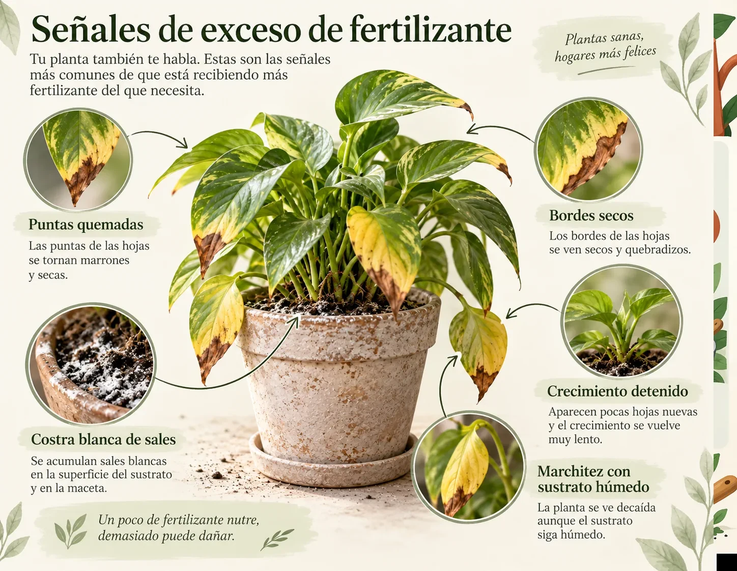 Hojas con bordes secos compatibles con una acumulación excesiva de fertilizante