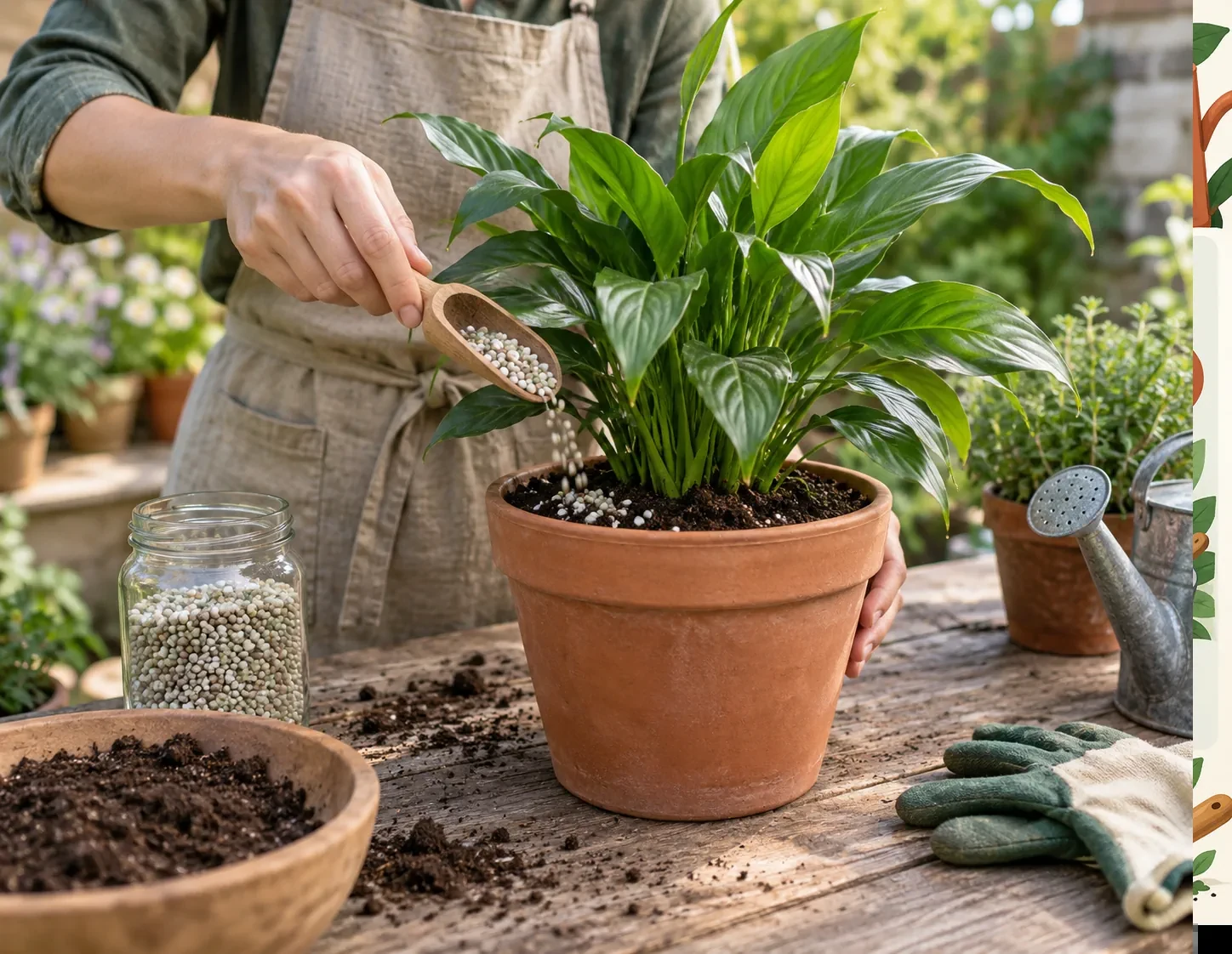 Aplicación de fertilizante alrededor de una planta cultivada en sustrato