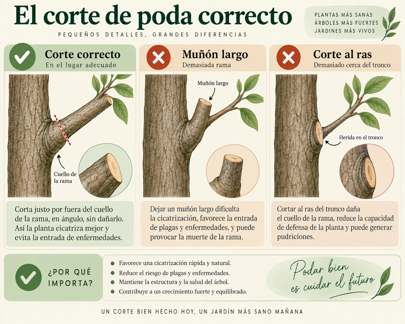 Esquema de un corte vegetal realizado con precisión cerca de un nudo