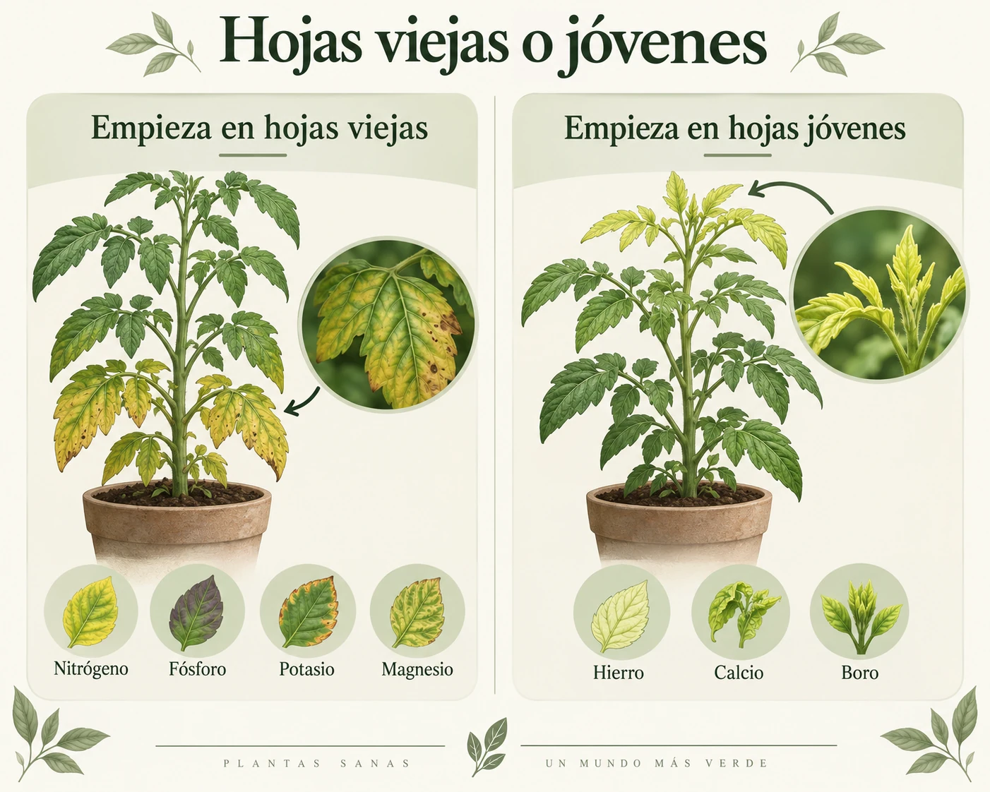 Comparación didáctica entre hojas maduras y hojas jóvenes de una nueva brotación