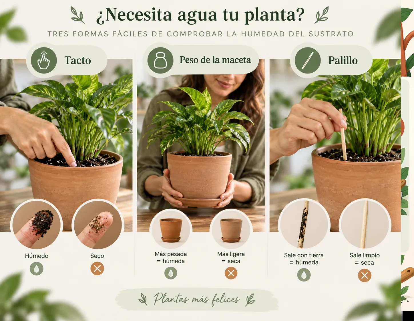 Gráfico explicativo con métodos para comprobar la humedad del sustrato