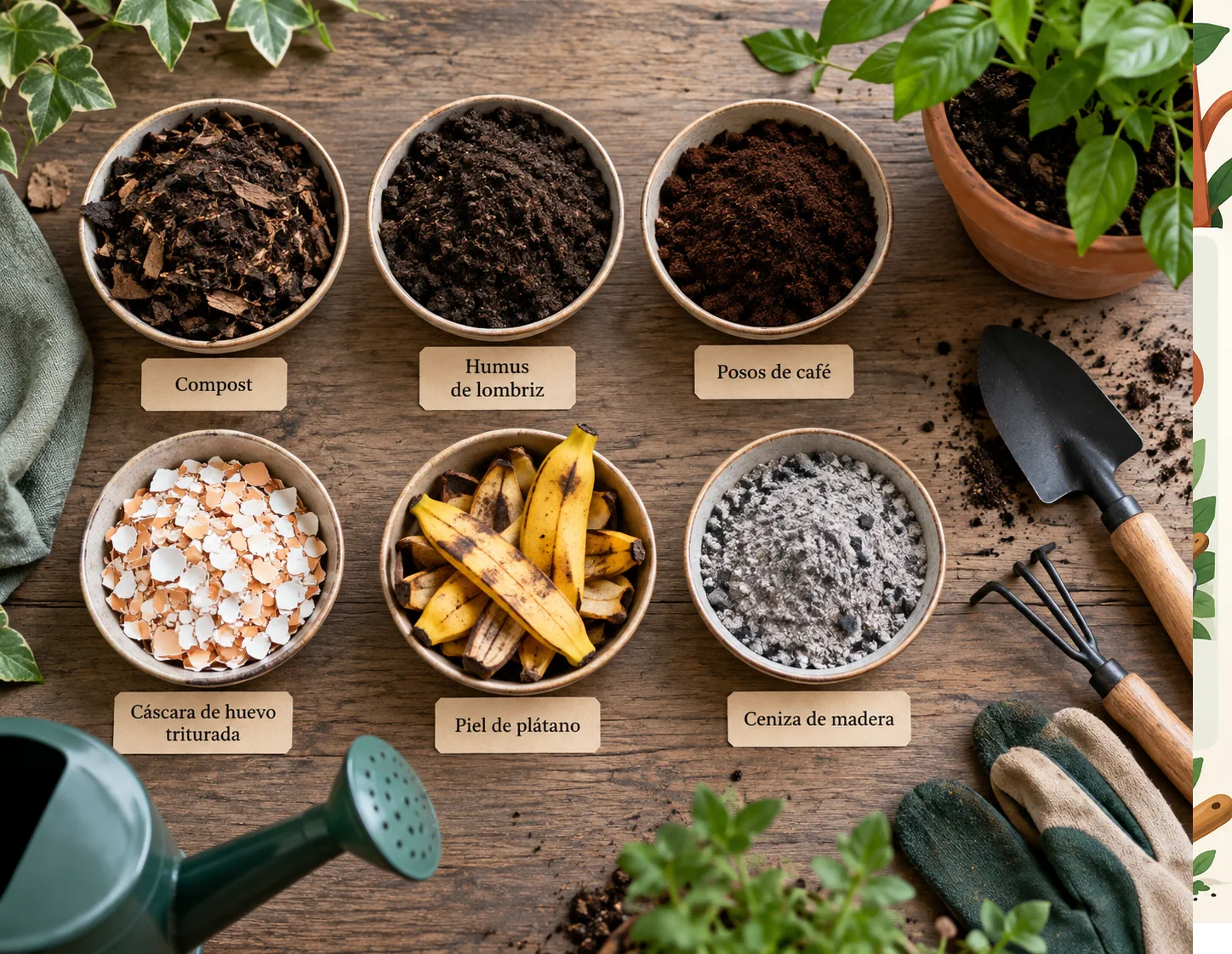 Posos de café, cáscaras de huevo, pieles de plátano, compost y humus de lombriz como materiales domésticos