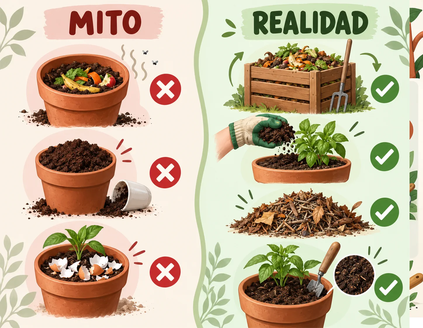 Comparación entre usos adecuados y mitos frecuentes sobre abonos caseros