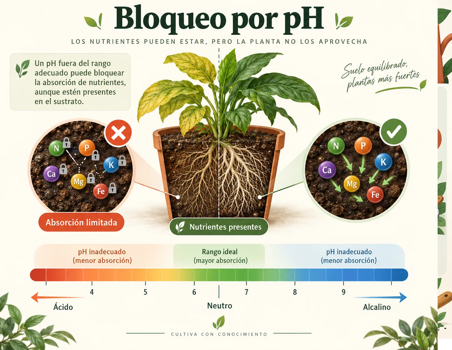 Diagrama sobre cómo un pH inadecuado puede bloquear nutrientes disponibles en el sustrato