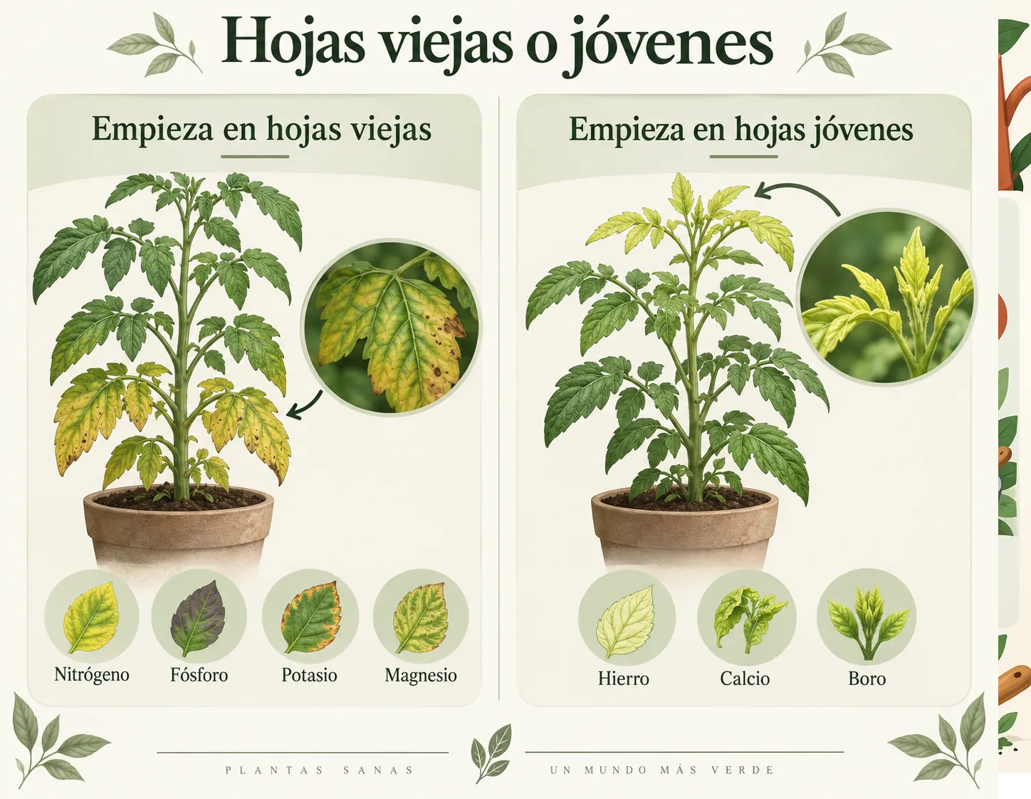 Guía visual para distinguir carencias que aparecen primero en hojas viejas o jóvenes