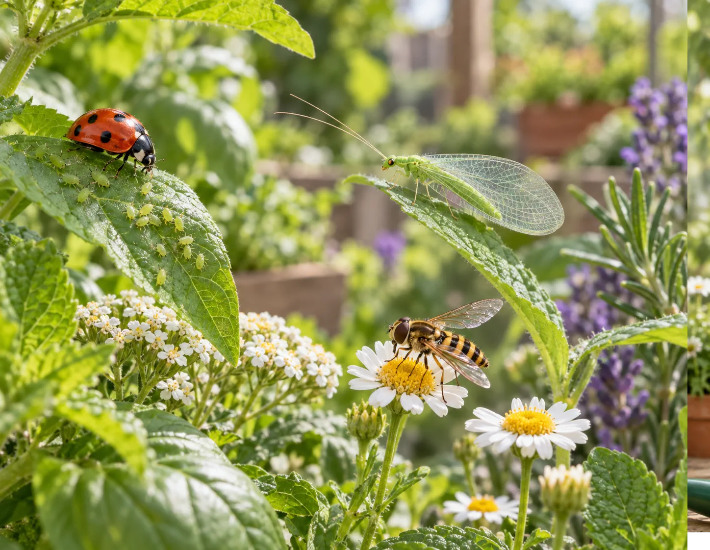 Mariquita, crisopa y sírfido como ejemplos de fauna auxiliar del jardín