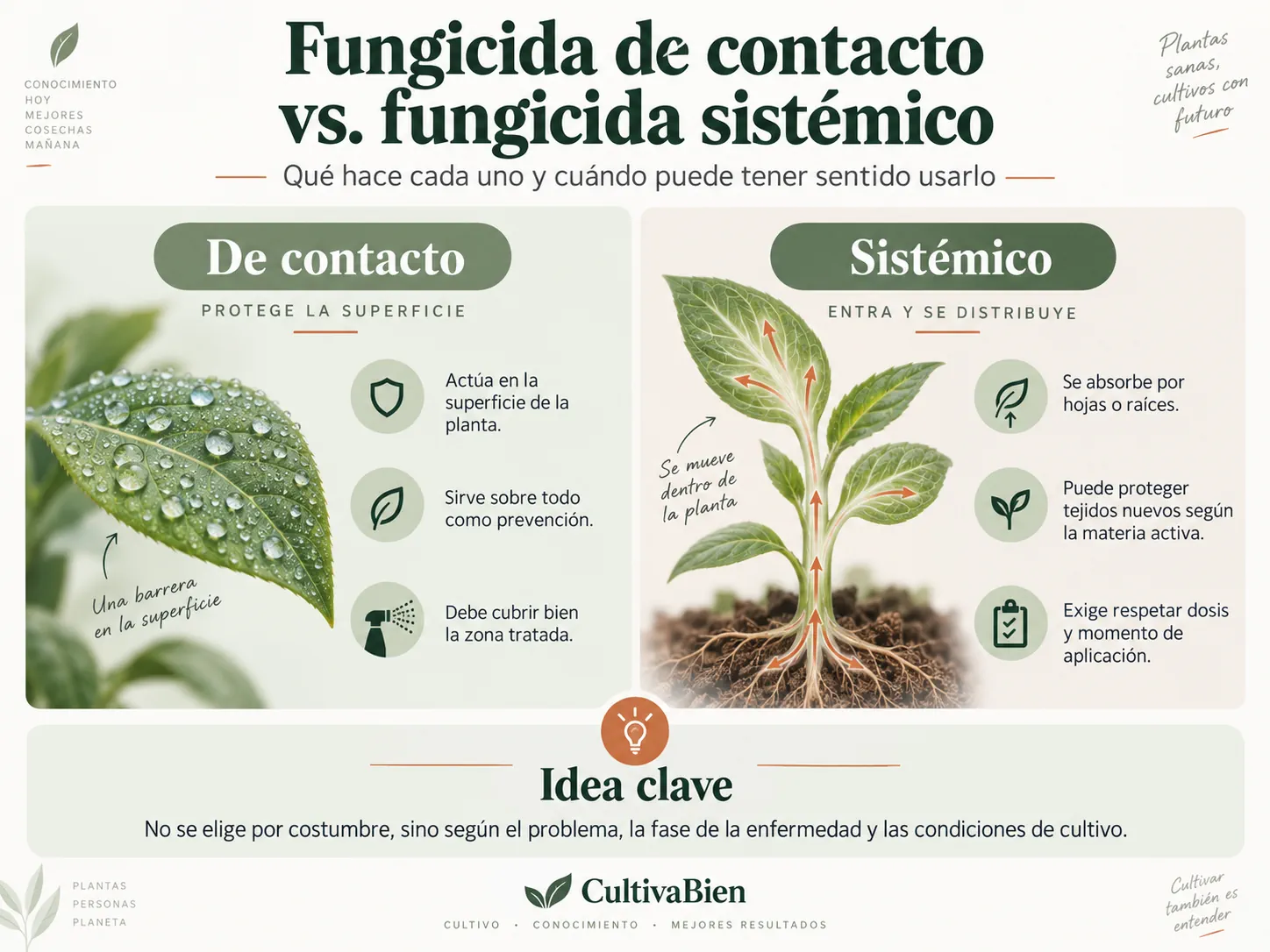 Esquema comparativo entre un fungicida de contacto que permanece sobre la hoja y un fungicida sistémico absorbido por la planta