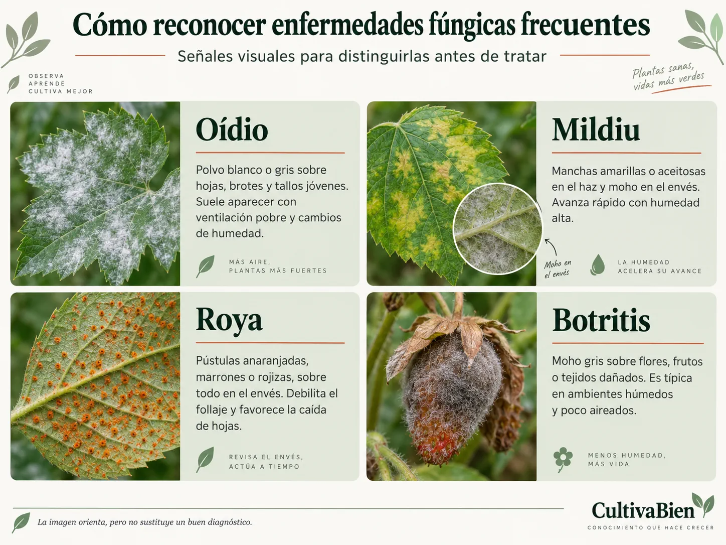 Comparación visual de síntomas habituales de oídio, mildiu, roya y botritis en hojas y tejidos vegetales