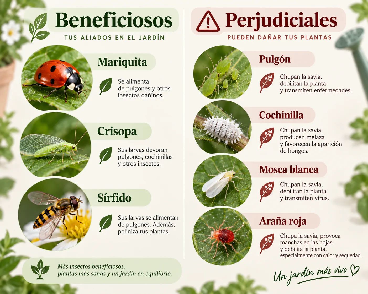Comparación entre insectos beneficiosos y plagas habituales del jardín