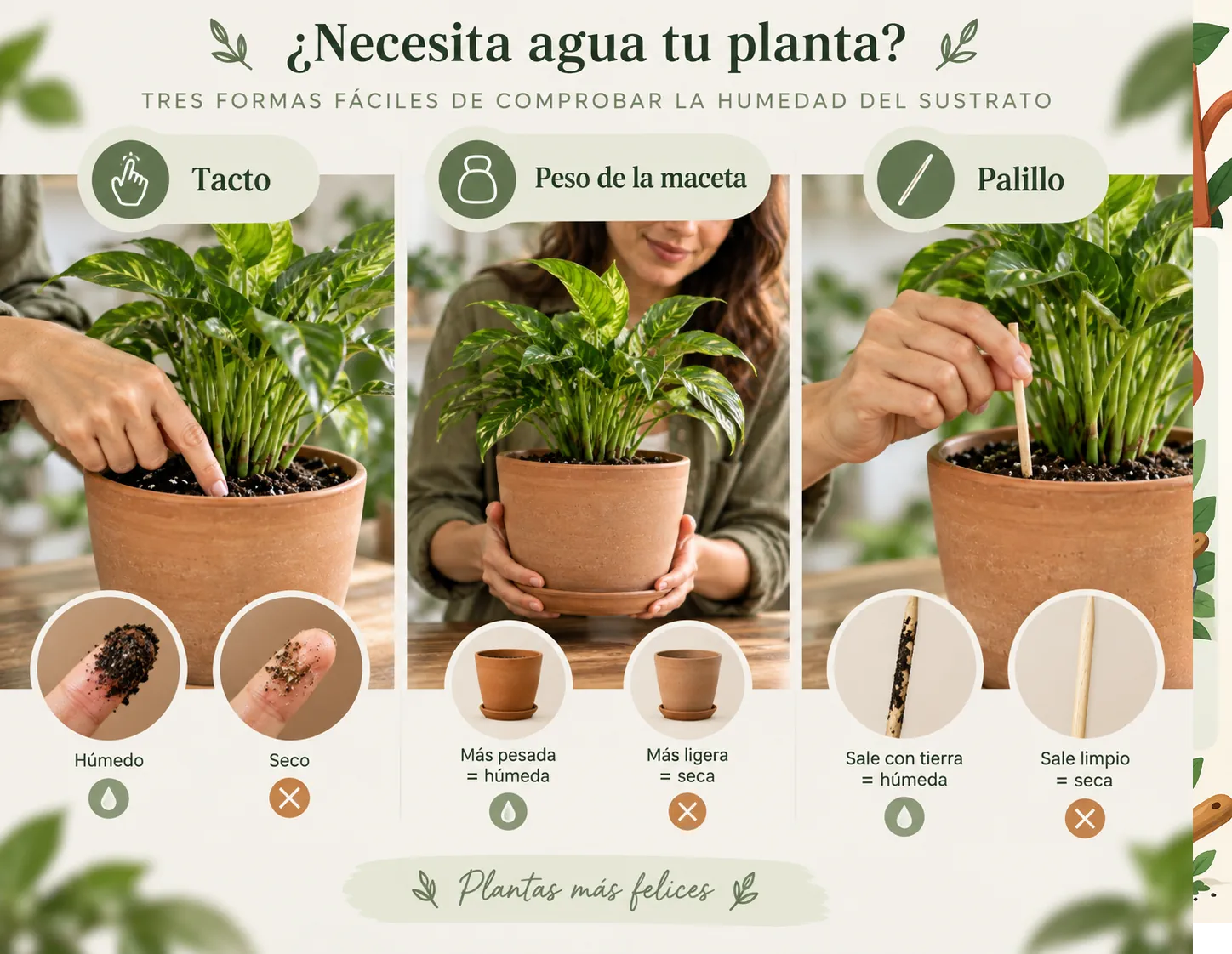 Infografía con métodos sencillos para comprobar la humedad del sustrato antes de regar