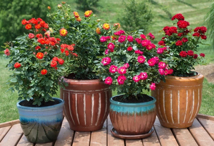 Rosal cultivado en maceta con flores rosadas